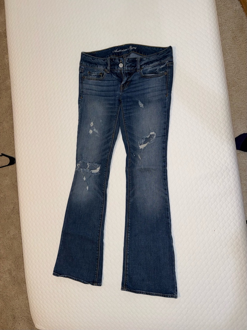 American Eagle Outfitters Distressed Dark Blue Flare Jeans